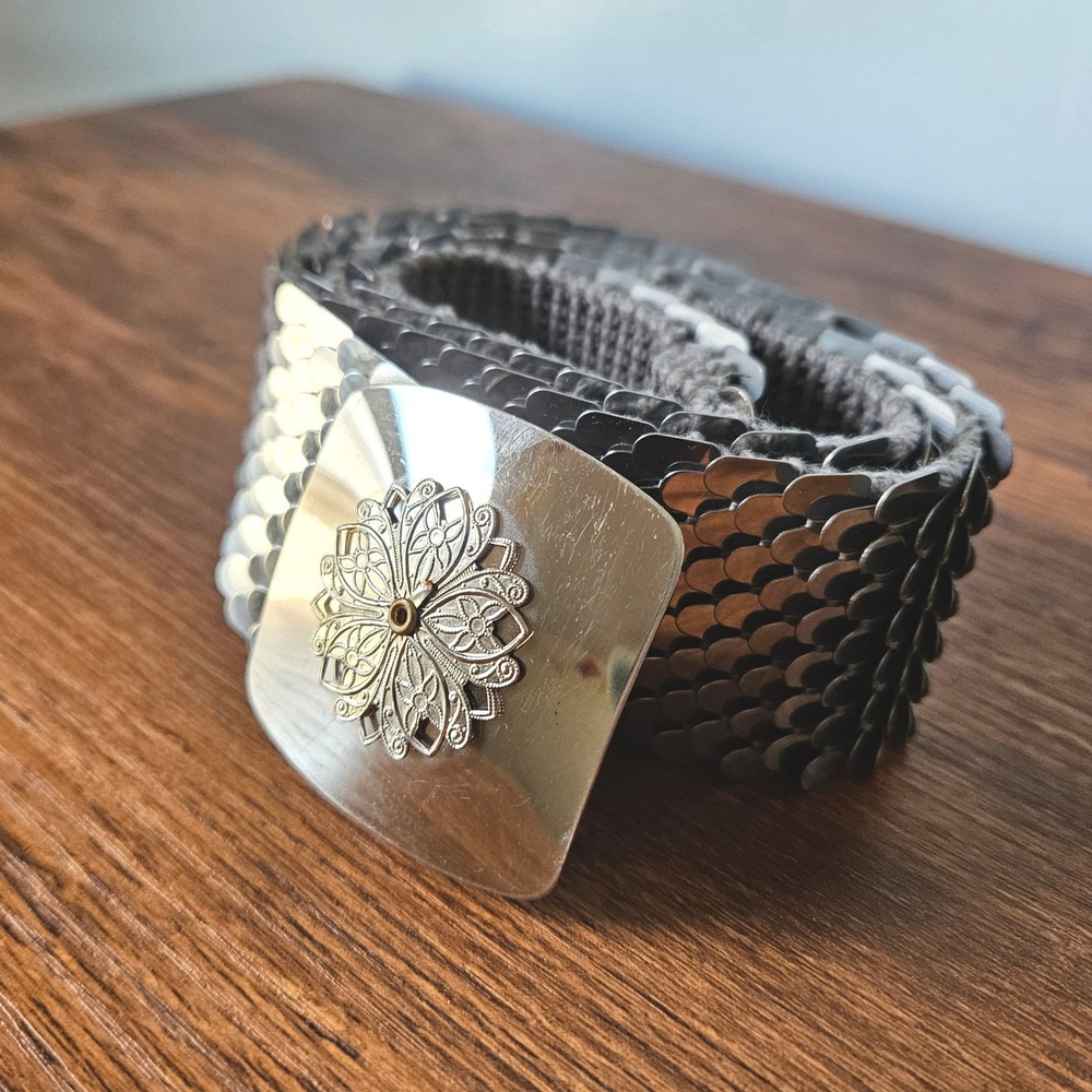 Vintage Silver Scale Mail Belt with Floral Medallion Buckle Medium Disco